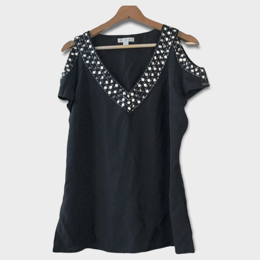 NY & Co - Black Blouse w/Jeweled Neckline and Sleeves - Sz M